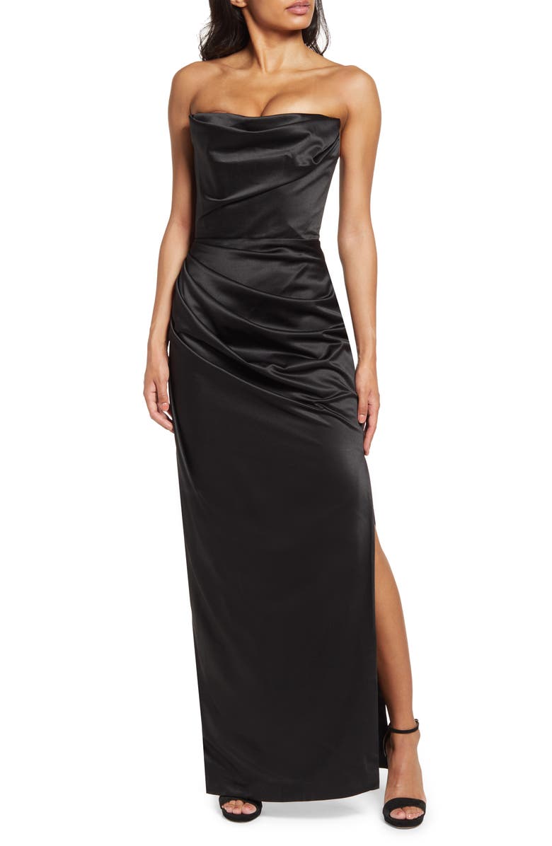 HOUSE OF CB Adrienne Satin Strapless Gown, Alternate, color, Black
