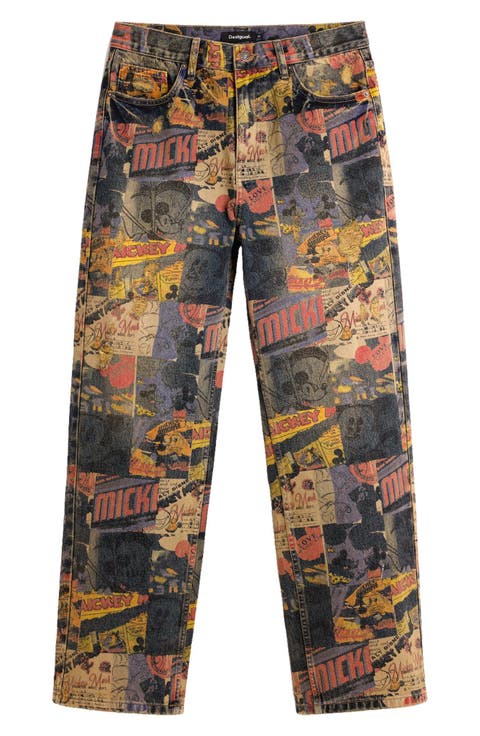 Mickey Mouse Graphic Distressed Straight Leg Jeans