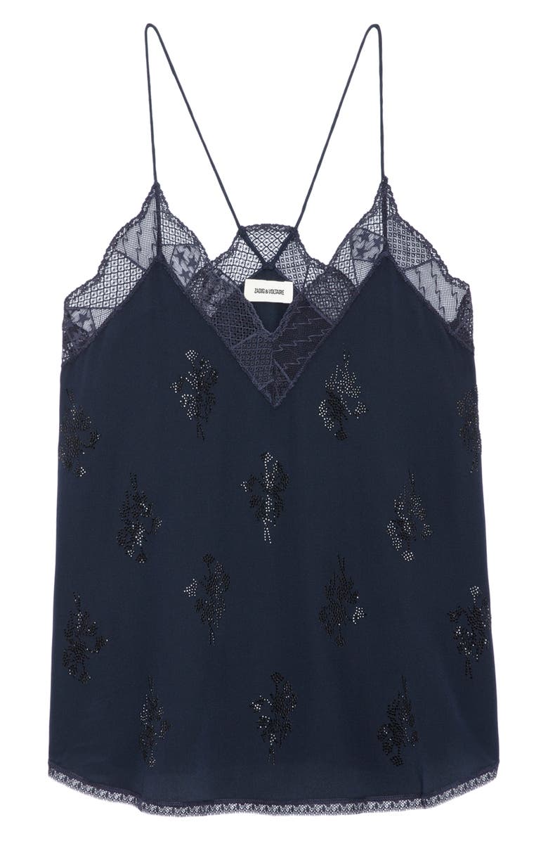 Zadig & Voltaire Christy Lace Embellished Racerback Silk Camisole, Alternate, color,