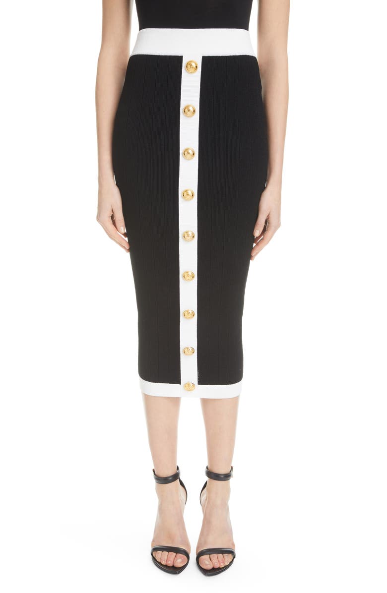 Balmain Button Detai Rib Knit Skirt, Main, color,