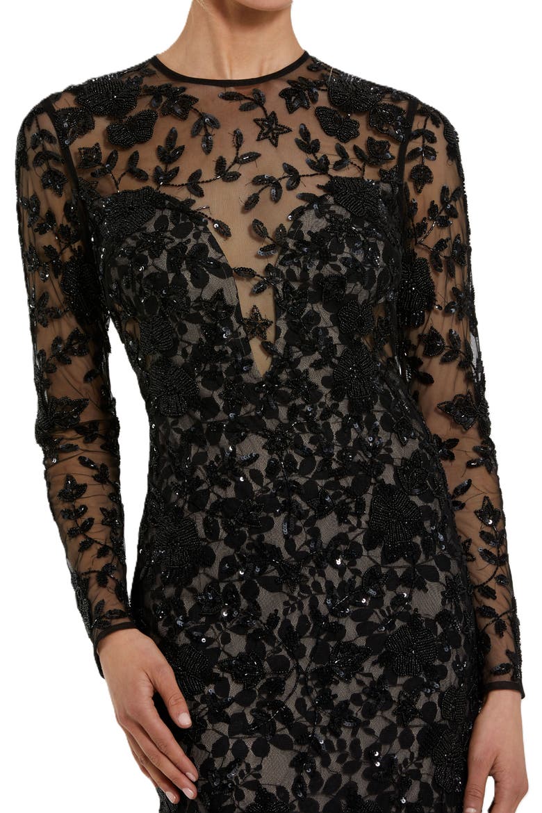 Long Sleeve Floral Embellished Gown, Alternate, color, Black Nude