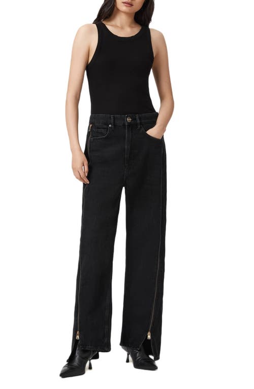 Allsaints Frankie Side Zip Detail Step Hem Wide Leg Jeans In Black