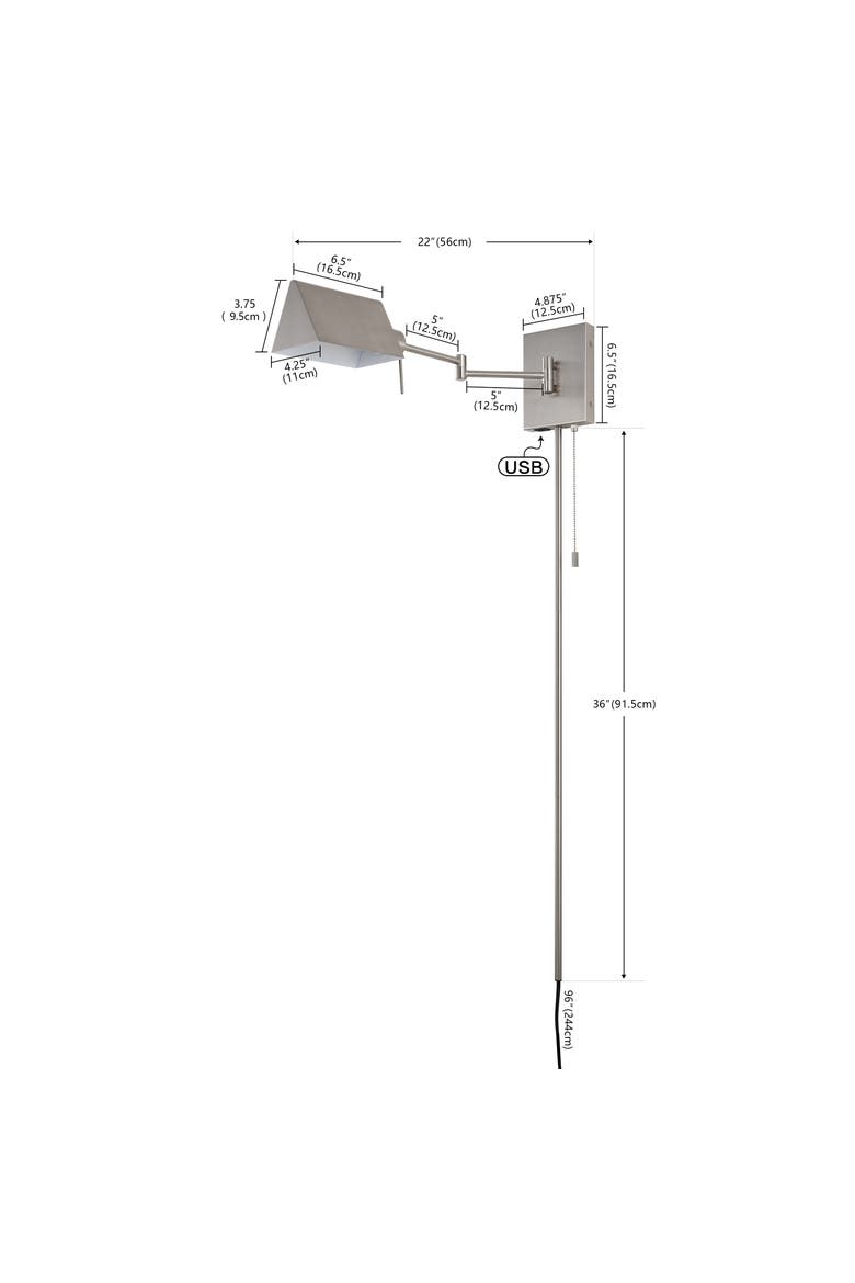 Arlo 1-Light Farmhouse Industrial Single Swing Arm Plug-In or Hardwired Iron LED Wall Sconce with Pull-Chain USB Charging Port, Alternate, color, Nickel