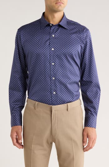 David Donahue Geometric Print Cotton Sport Shirt In Blue