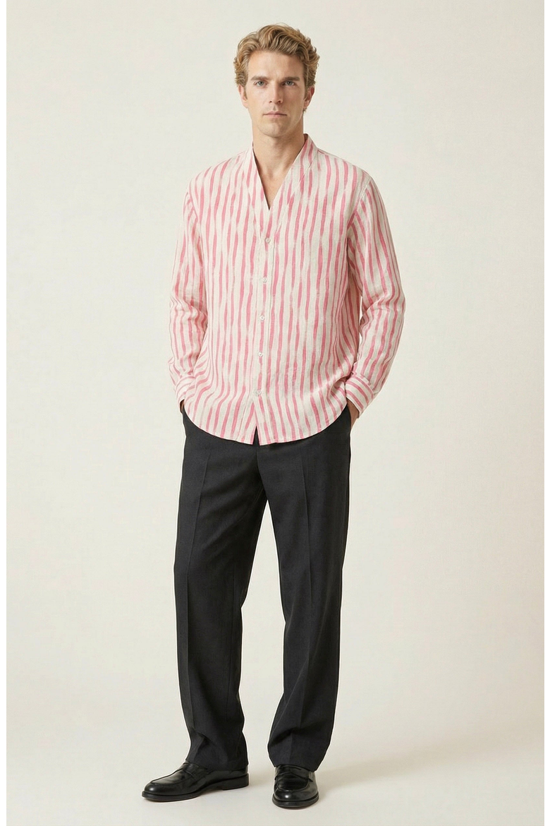 Striped Open Collar Button Front Shirt, Alternate, color, Cream / Coral Stripes