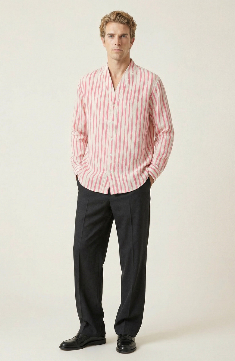 Modenaire Striped Open Collar Button Front Shirt, Alternate, color, Cream / Coral Stripes