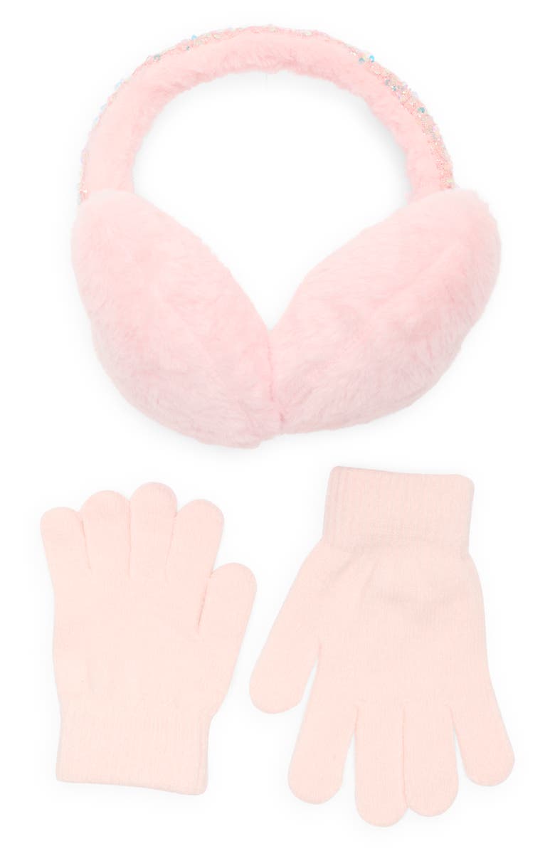 Capelli New York Kids' Sequin Faux Fur Earmuffs & Gloves Set, Main, color, Pink