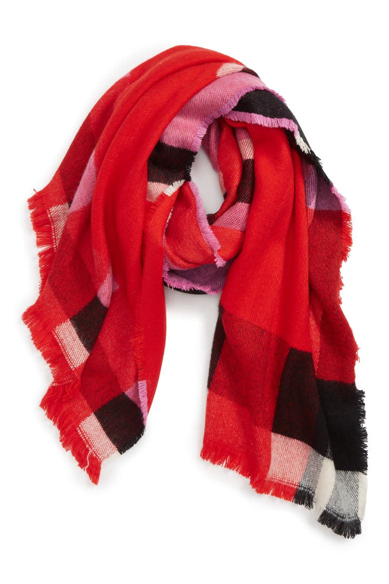 Colorblock Plaid Scarf, Main, color, RED MULTI