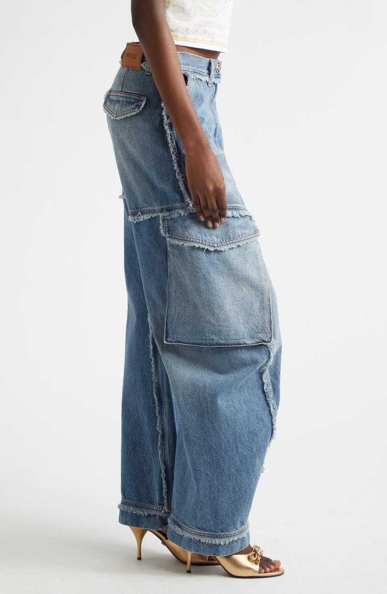 Versace Frayed Raw Cut Wide Leg Cargo Jeans, Alternate, color, Medium Blue