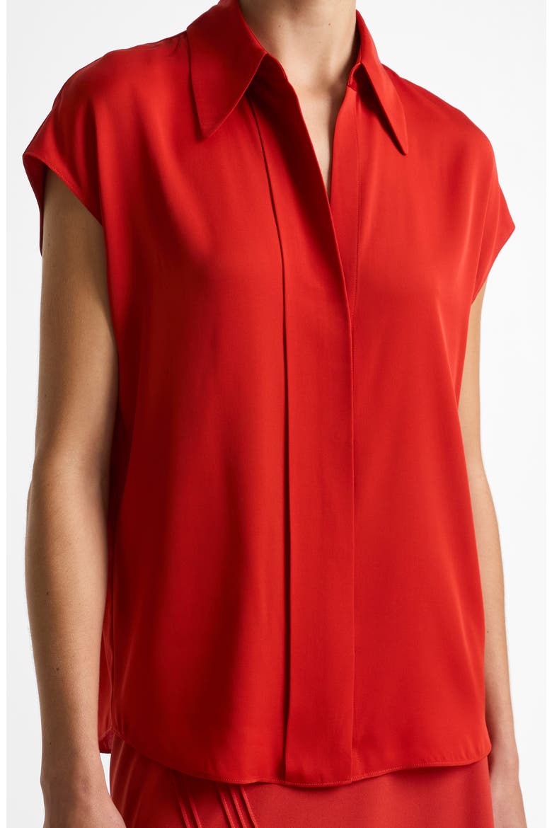 Cap Sleeve Stretch Silk Button-Up Shirt, Alternate, color, POPPY