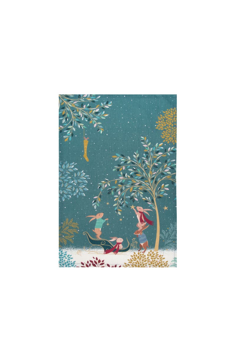 Moonlit Rabbits Kitchen Dishtowel, Main, color, Green