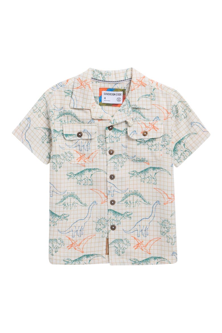 Kids' Intro Short Sleeve Cotton Camp Shirt, Main, color, WHISPER WHITE/ DINO GRAPH