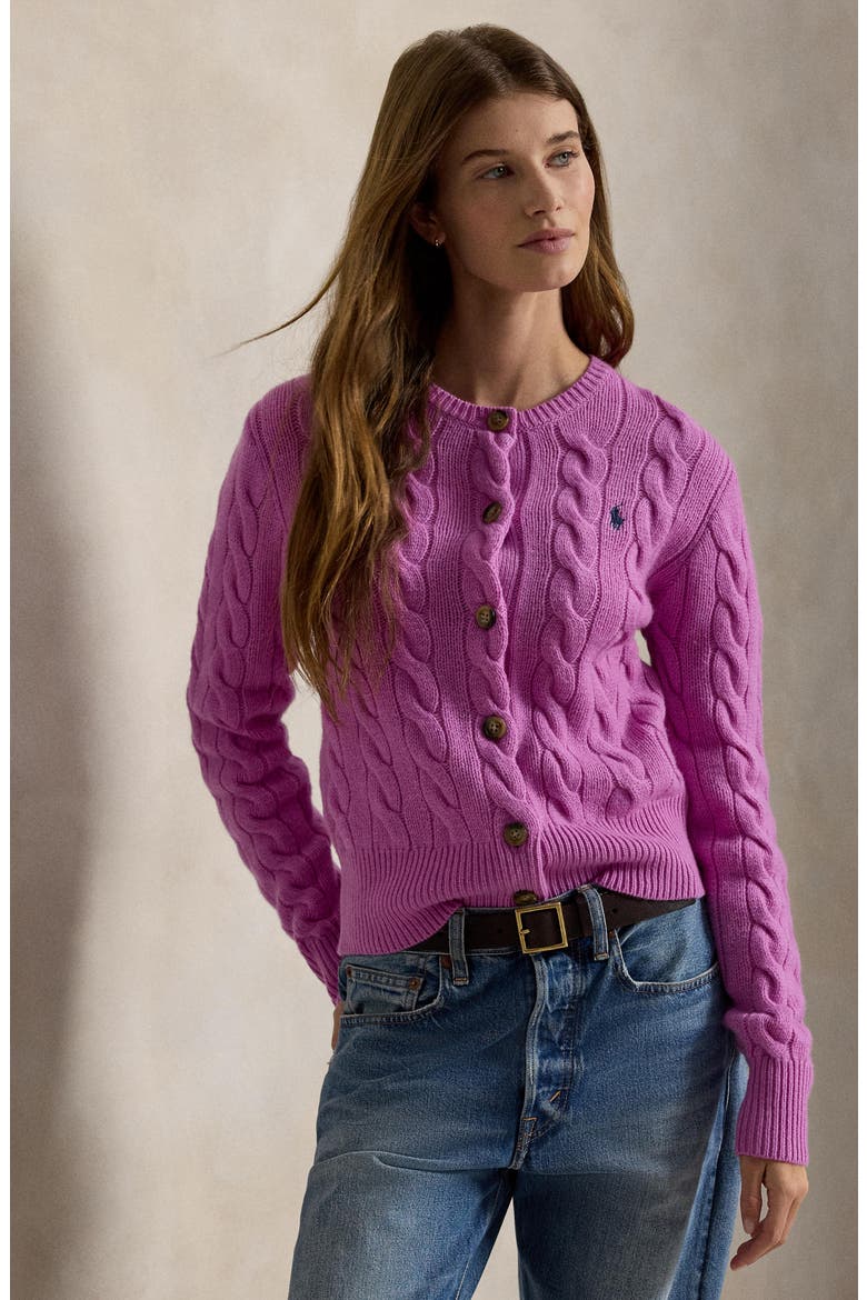 Cable Knit Wool & Cashmere Cardigan, Alternate, color, THISTLE PINK