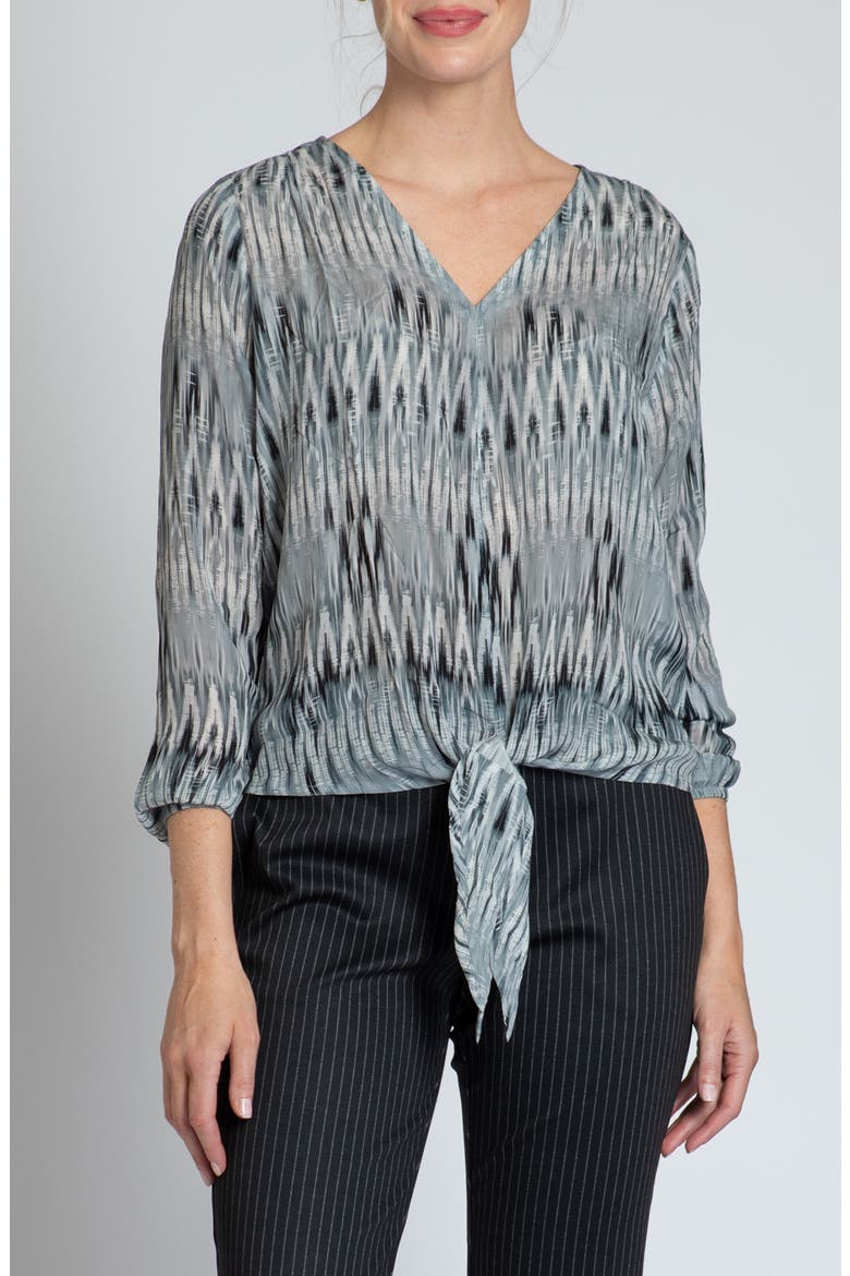 Print V-Neck Tie Front Chiffon Top, Main, color, GREY MULTI