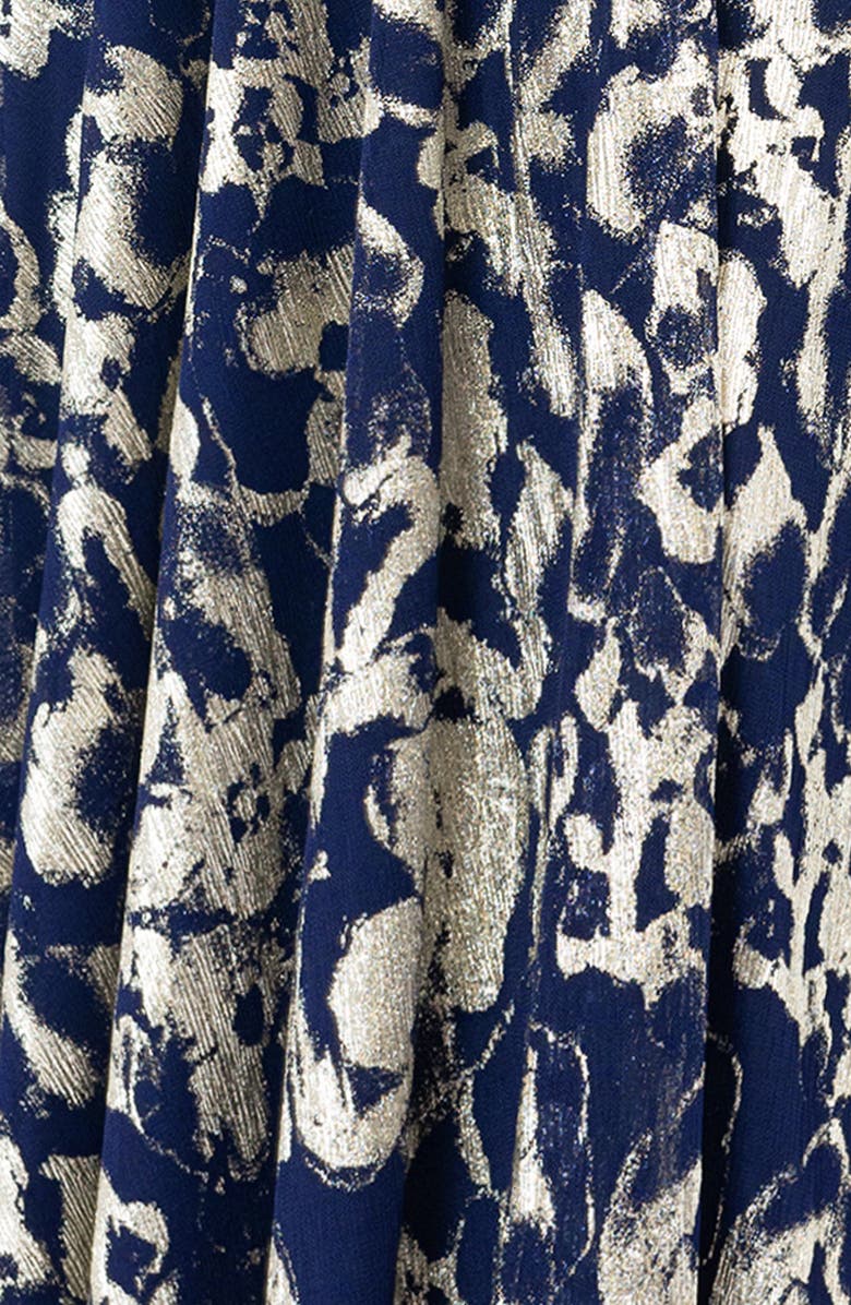 Betsy & Adam Floral Metallic Long Sleeve A-Line Gown, Alternate, color, Navy/ Gold