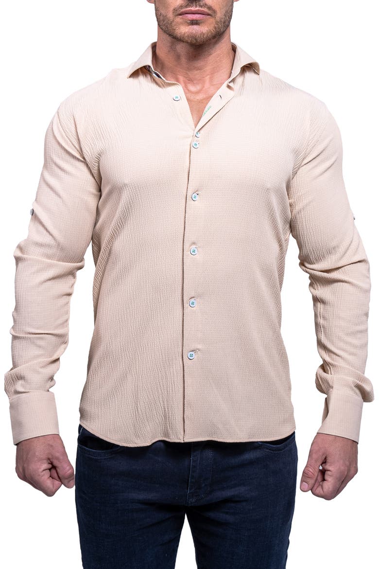 Einstein Resistance Contemporary Fit Textured Button-Up Shirt, Main, color, LIGHT BROWN
