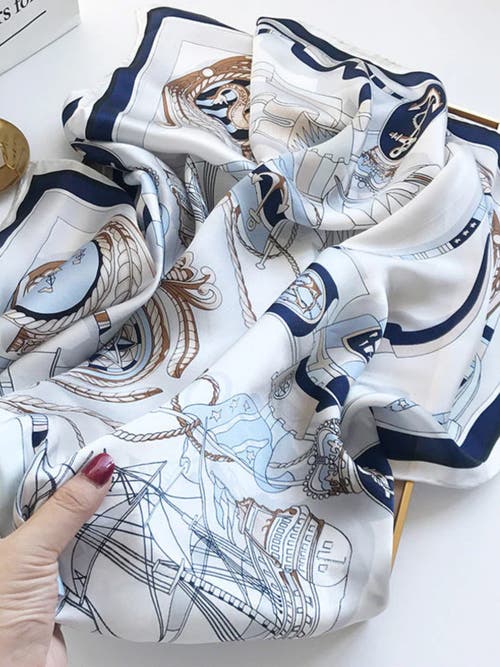Silksilky 100% Mulberry Silk Printed Square Shawl Scarf 88*88cm In Blue