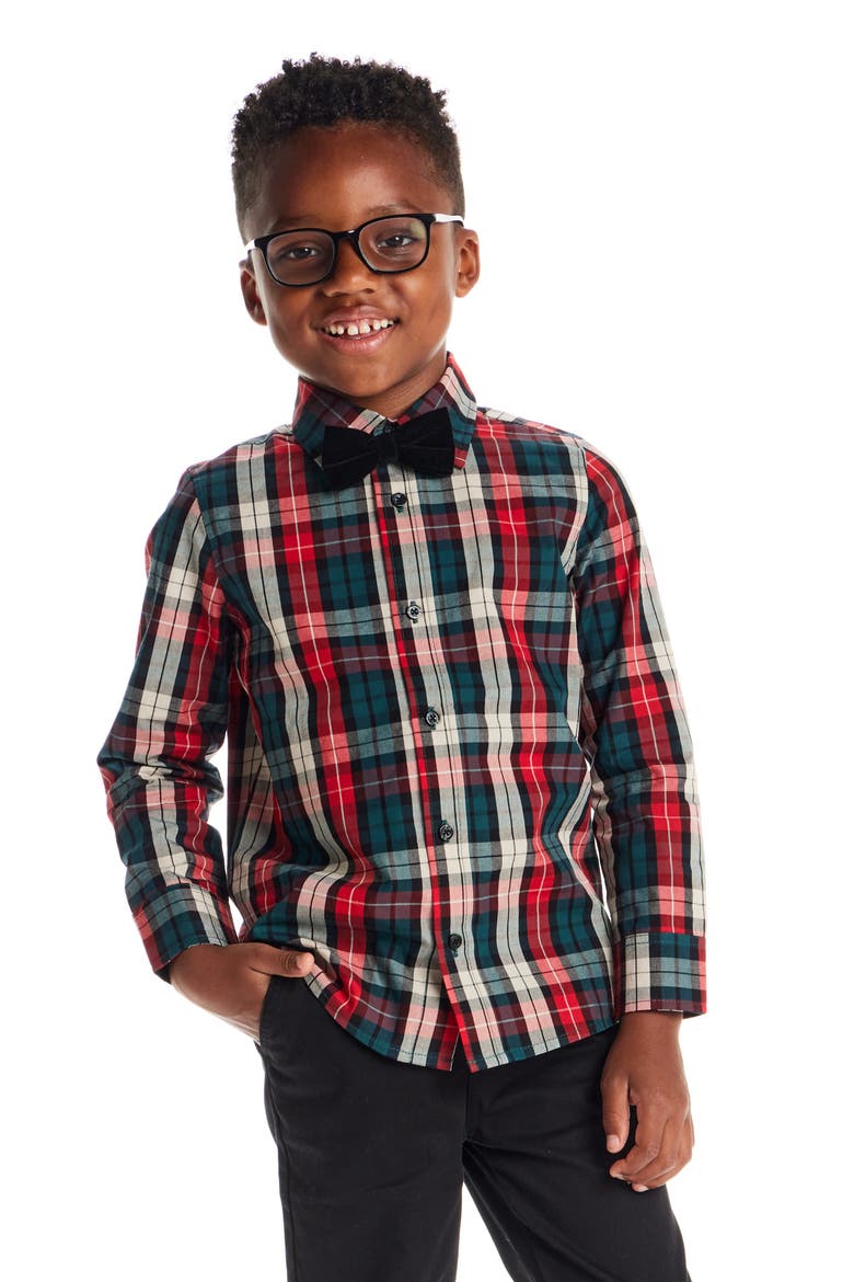 Kids' Two-Piece Plaid Cotton Flannel Button-Up Shirt & Bow Tie Set, Alternate, color, RED PLAID
