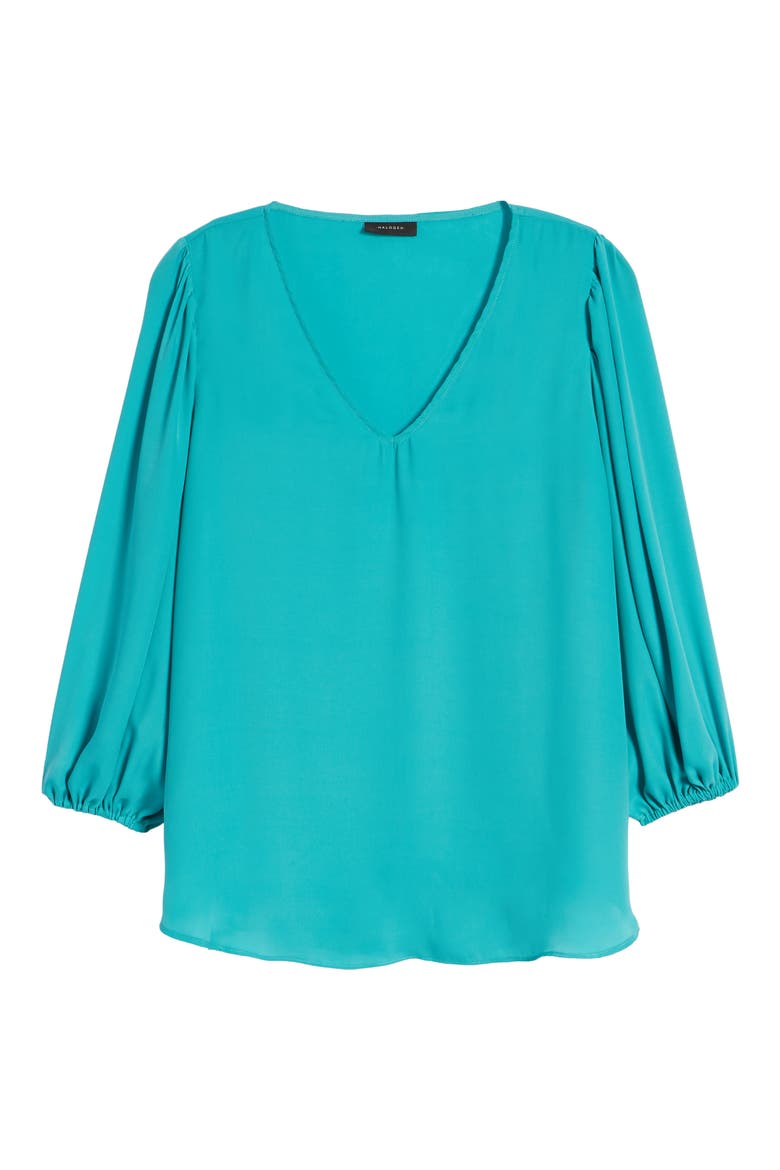 Blouson Sleeve Crepe Blouse, Alternate, color, TEAL VERIDIAN