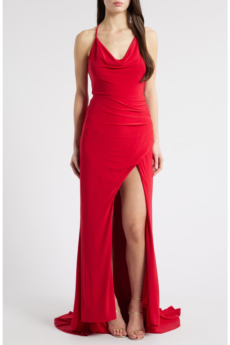 Cowl Neck Ruched Back Gown, Main, color, RED