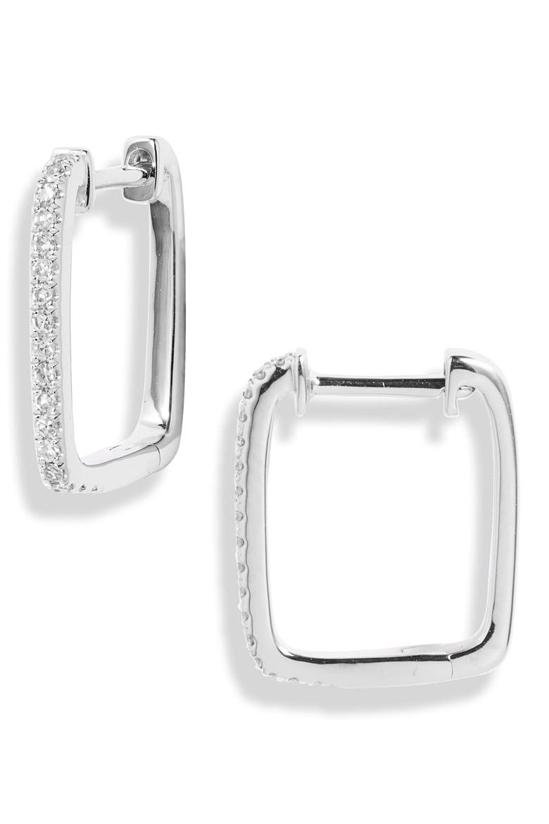 14k Gold Diamond Rectangular Hoop Earrings, Main, color, WHITE GOLD
