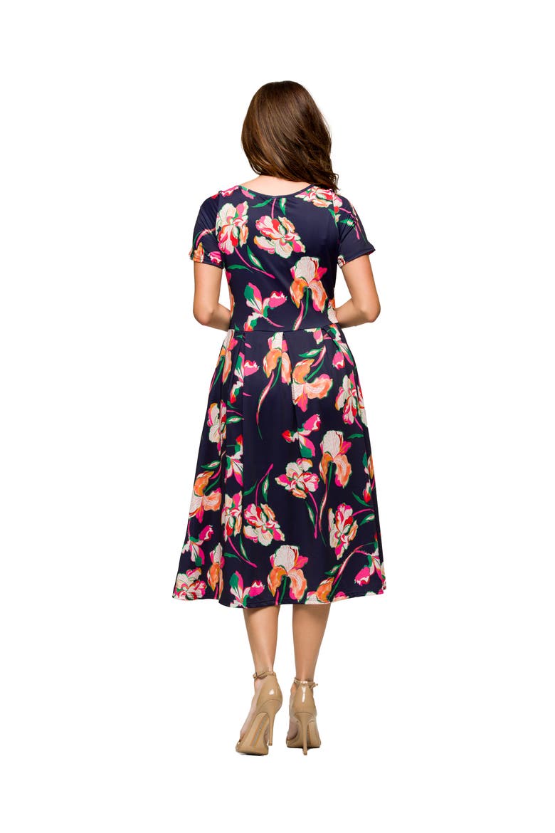Maternity Navy Floral Short Sleeve Pleated Flare Midi Pocket Dress, Alternate, color, Blue Multi