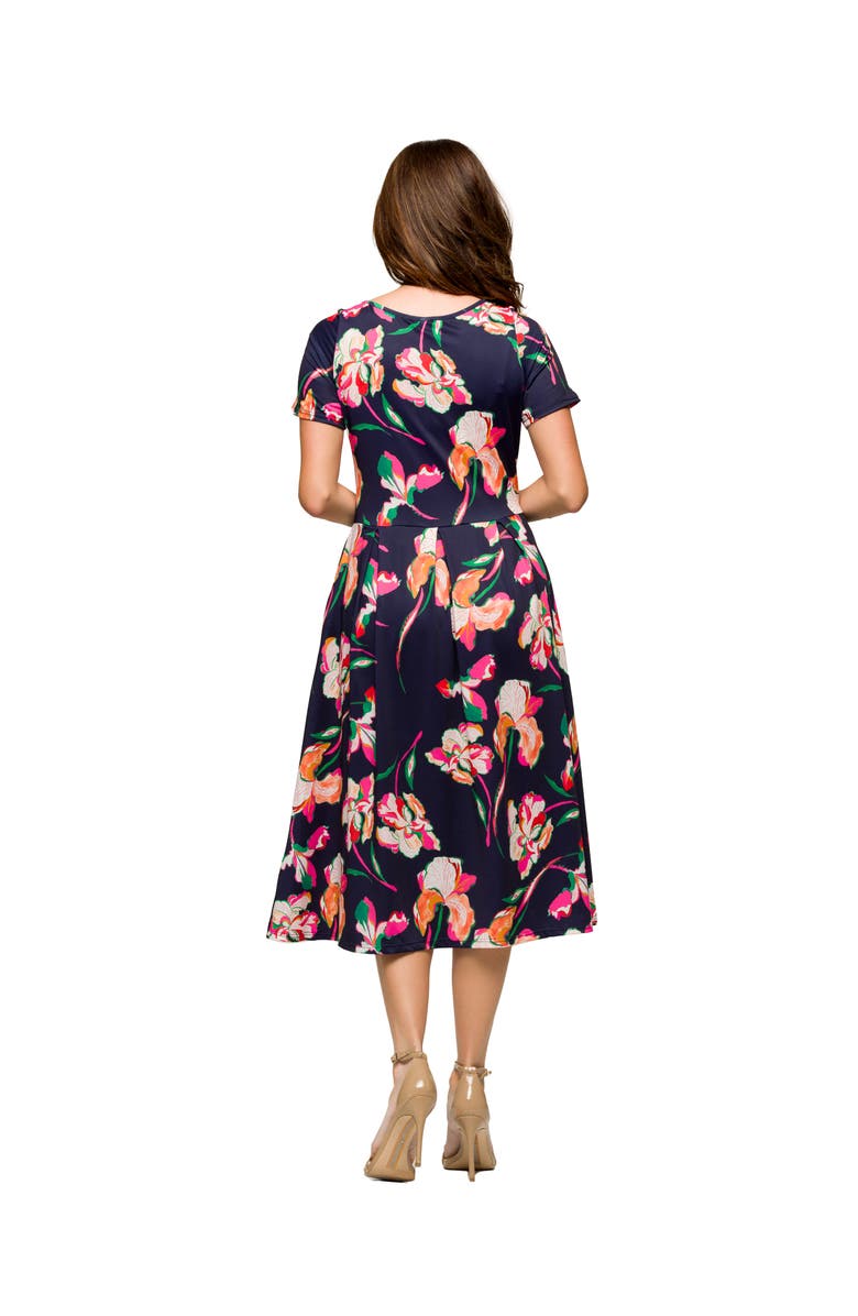 24seven Comfort Apparel Maternity Navy Floral Short Sleeve Pleated Flare Midi Pocket Dress, Alternate, color, Blue Multi