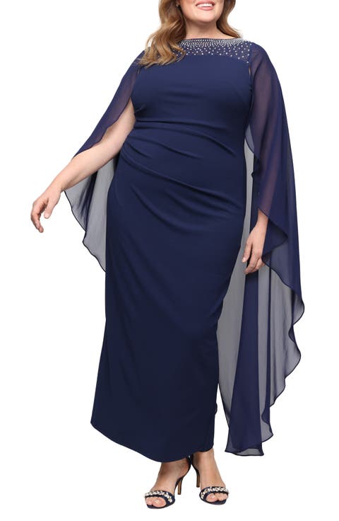 Cape Sleeve Crepe Column Gown