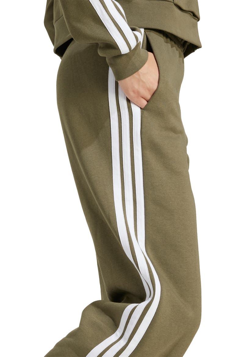 Essentials 3-Stripes Open Hem Fleece Pants, Alternate, color, OLIVE STRATA/ WHITE