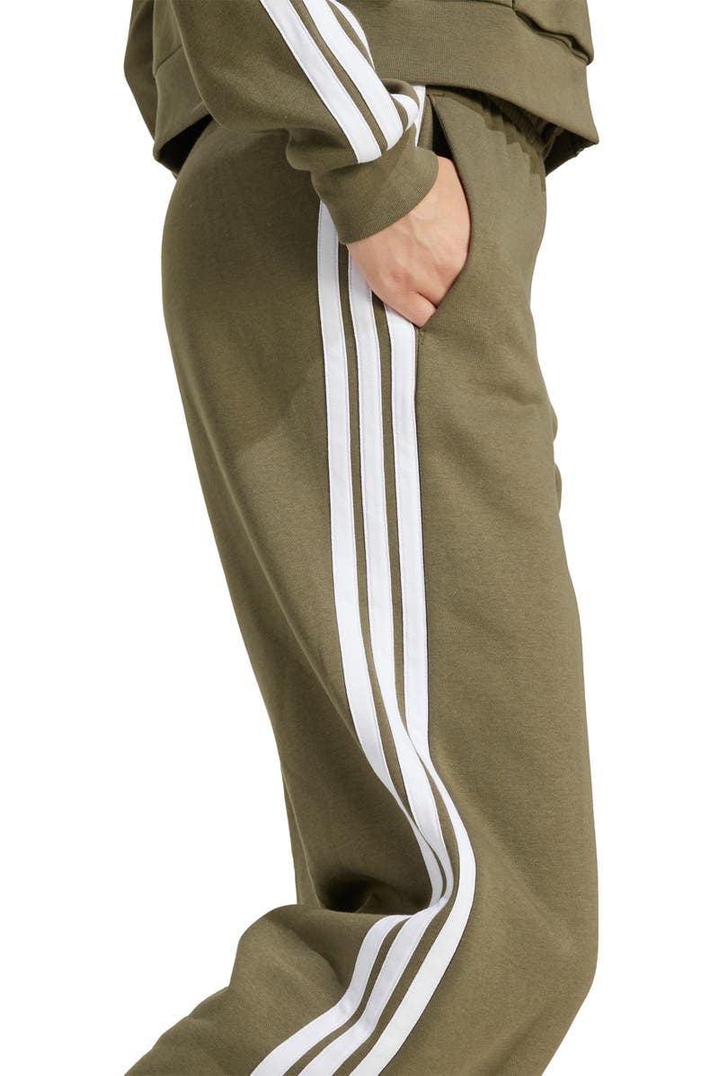 adidas Essentials 3-Stripes Open Hem Fleece Pants, Alternate, color, Olive Strata/ White