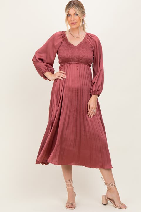 Satin Smocked Pleated Midi Dress