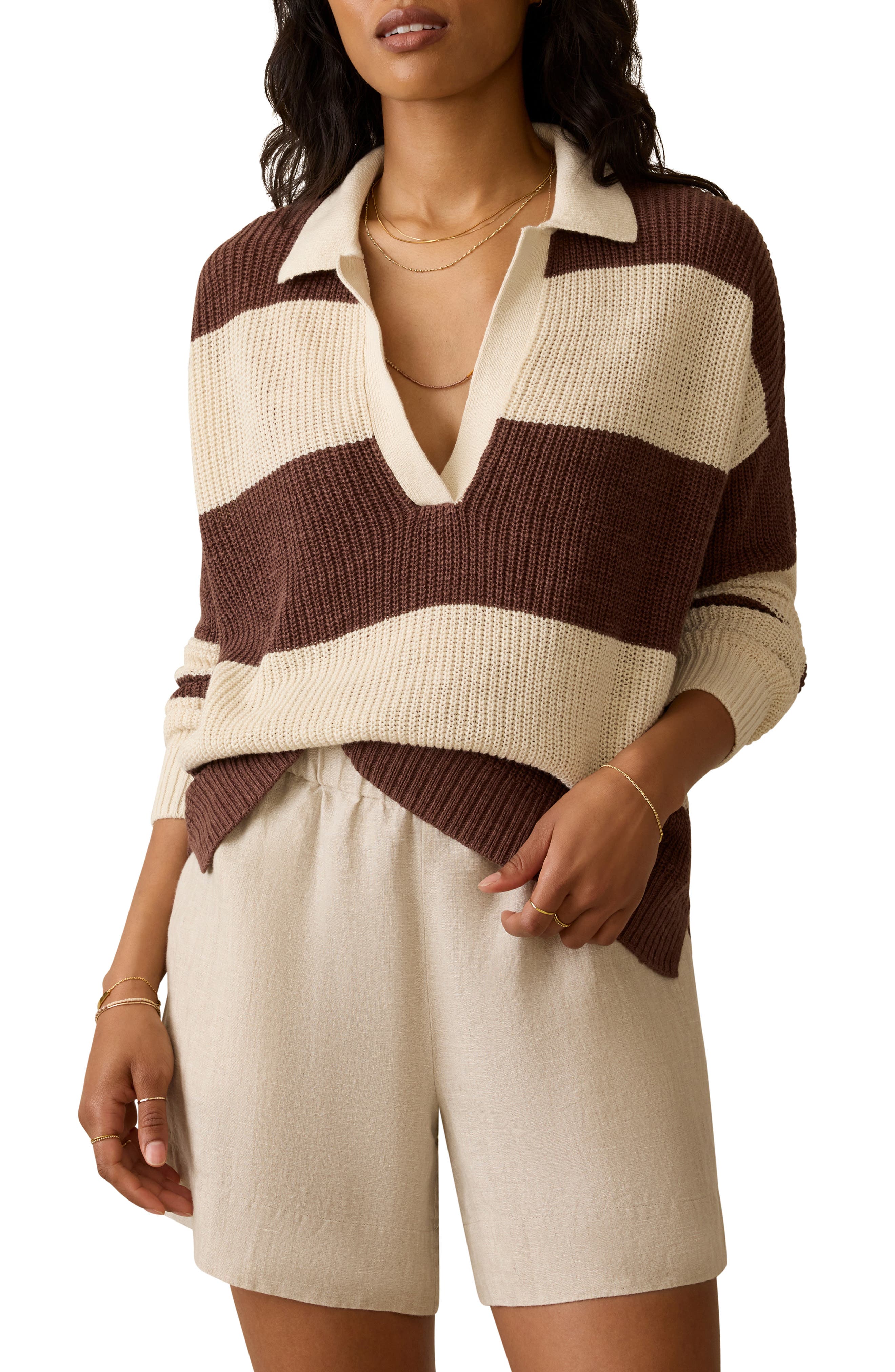 Faherty Miramar Linen Polo In Cocoa Rugby Stripe