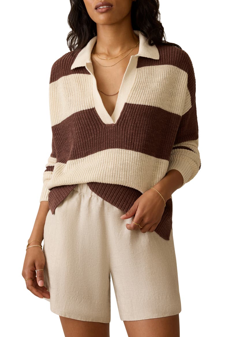 Miramar Linen & Organic Cotton Polo Sweater, Main, color, COCOA RUGBY STRIPE
