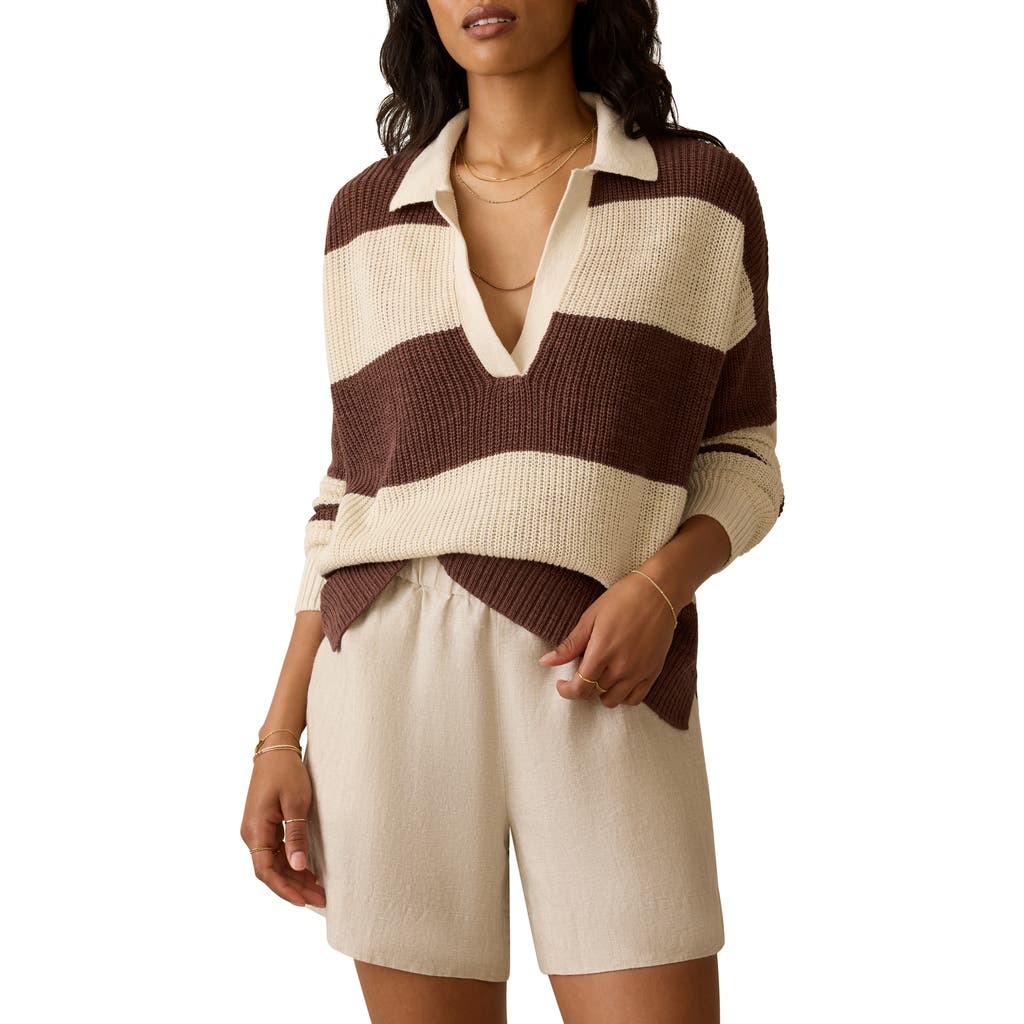 Faherty Miramar Linen Polo In Cocoa Rugby Stripe