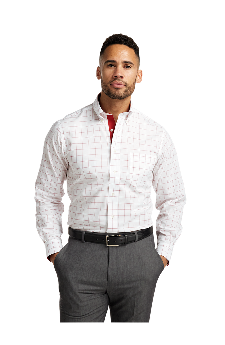 Paul Fredrick Tailored Fit Non-iron Cotton Windowpane Dress Shirt With Contrast Trim, Alternate, color, Red