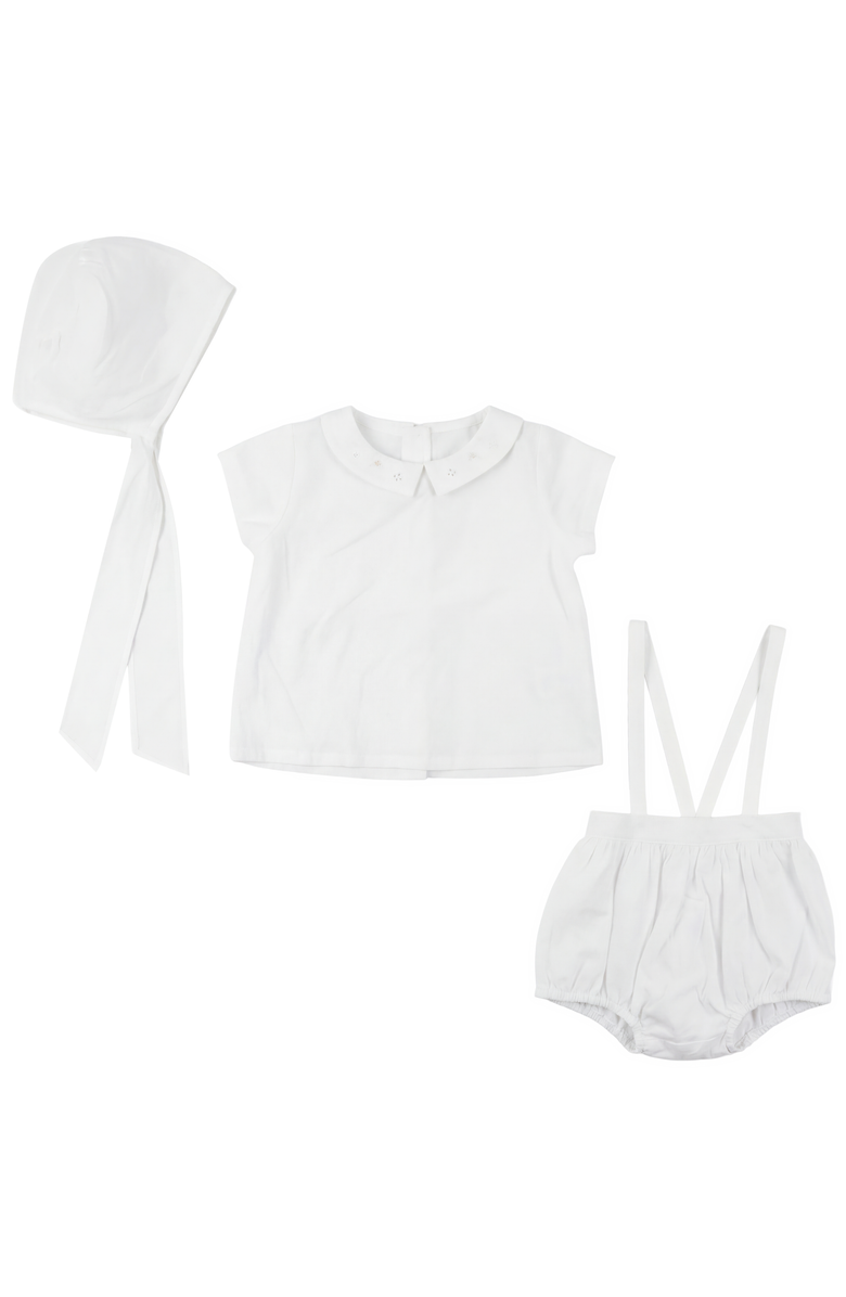 Little Fragile Boy Collared Top, Adjustable Strap Overall Shorts and Bonnet Set, Main, color, White