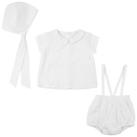 Boy Collared Top, Adjustable Strap Overall Shorts and Bonnet Set (Toddler)