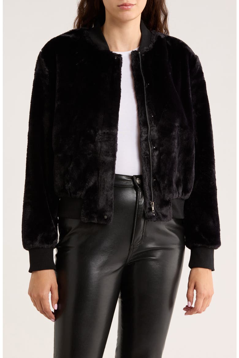 Luxe Faux Fur Zip Bomber Jacket, Main, color, BLACK
