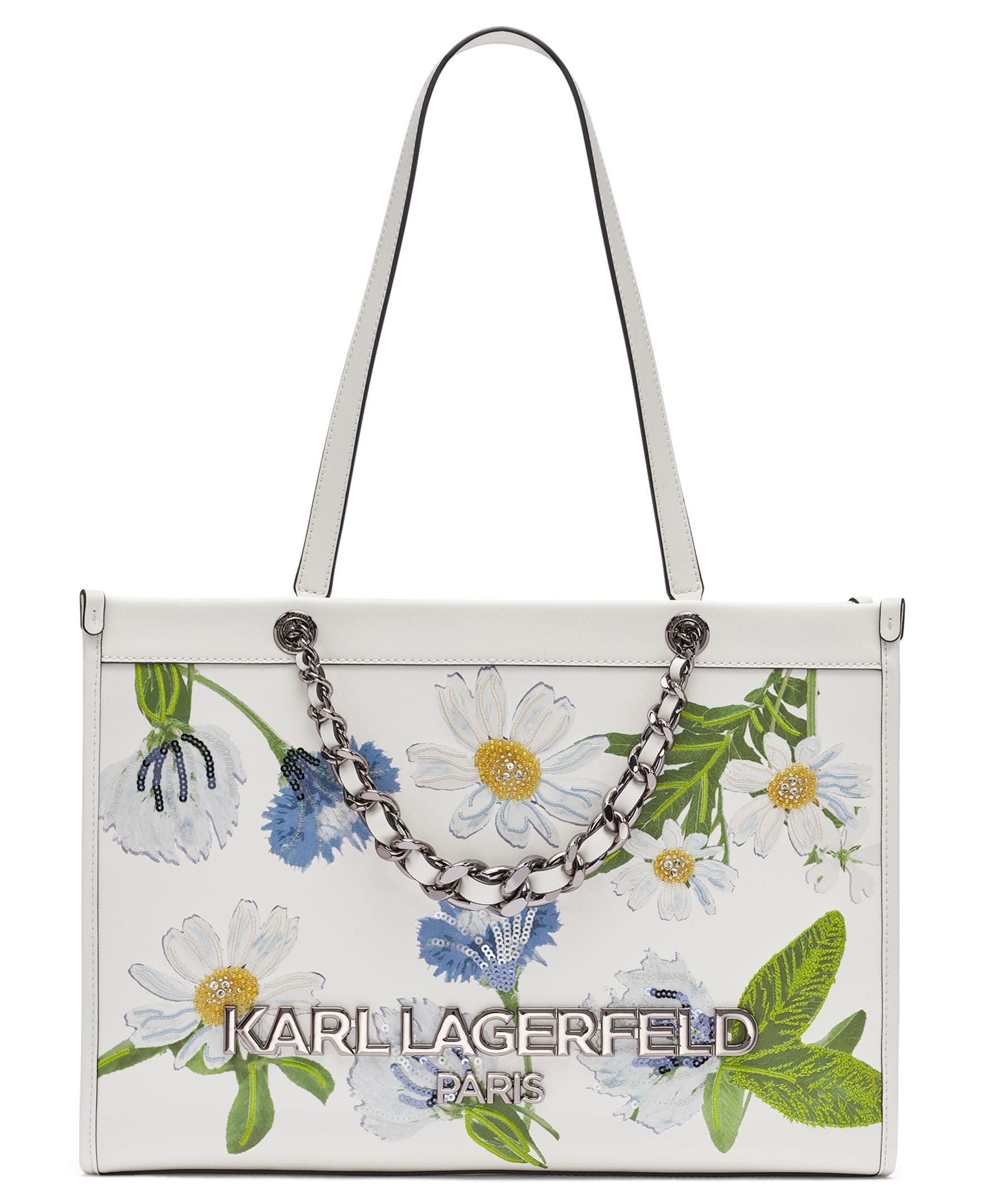 KARL LAGERFELD PARIS Savoie Floral Emboridery Tote, Main, color, White Multi