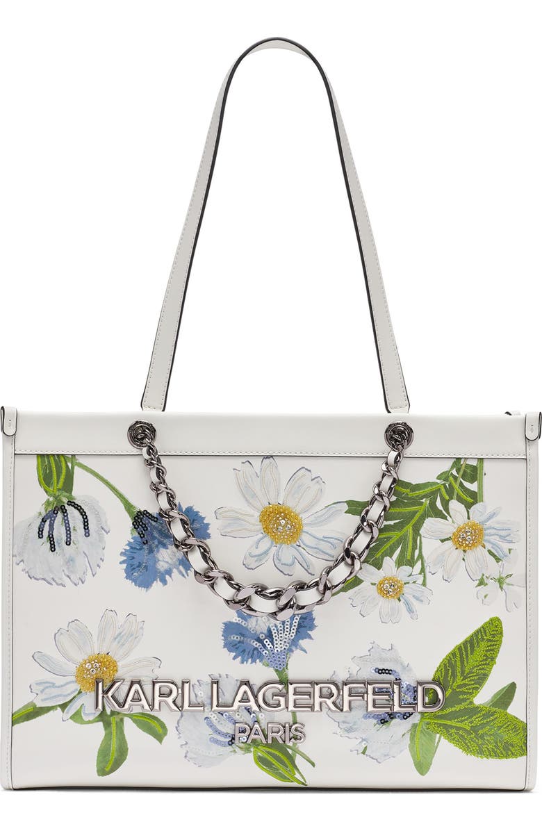 KARL LAGERFELD PARIS Savoie Floral Emboridery Tote, Main, color, White Multi