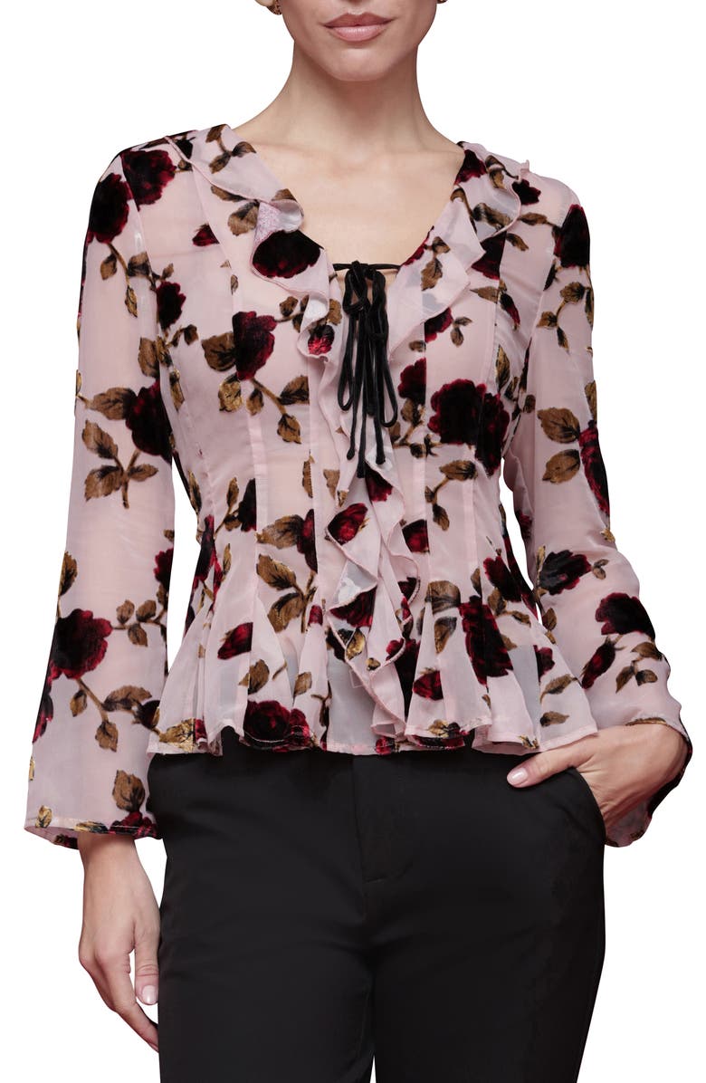 Avec Les Filles Ruffle Trim Floral Print Shirt, Main, color, Rose Burnout