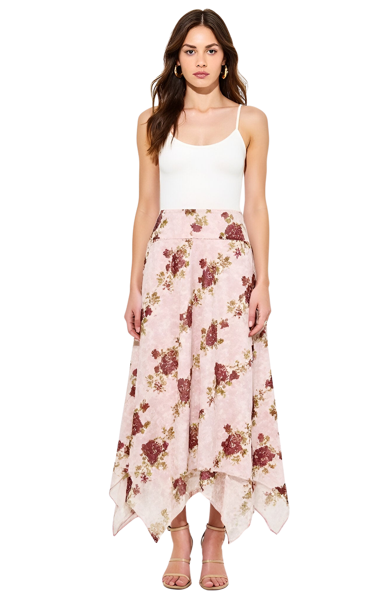 Modenaire Floral Handkerchief Hem Midi Skirt, Main, color,