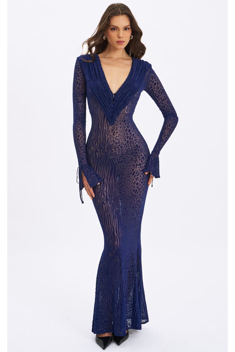 Ilyse V-Neck Plunge Animal Print Mermaid Hem Maxi Dress, Main, color, Navy