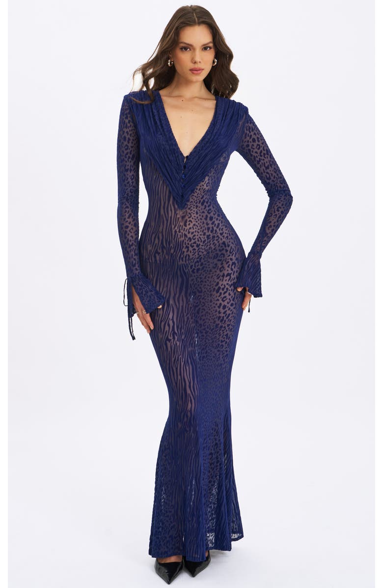 Miss Circle Ilyse V-Neck Plunge Animal Print Mermaid Hem Maxi Dress, Main, color, Navy