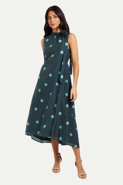 Spot Tie Neck Sleeveless Midi Dress