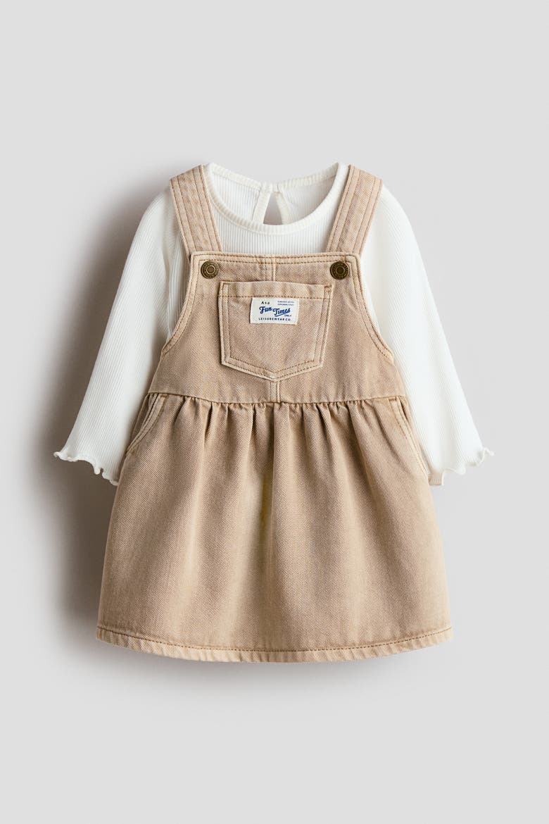 2-piece Dungaree Dress And Top Set, Alternate, color, Beige/white
