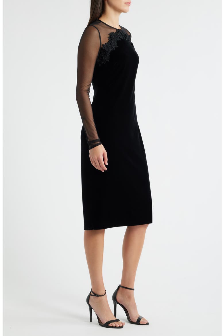 Floral Appliqué Long Sleeve Velvet Cocktail Dress, Alternate, color, BLACK