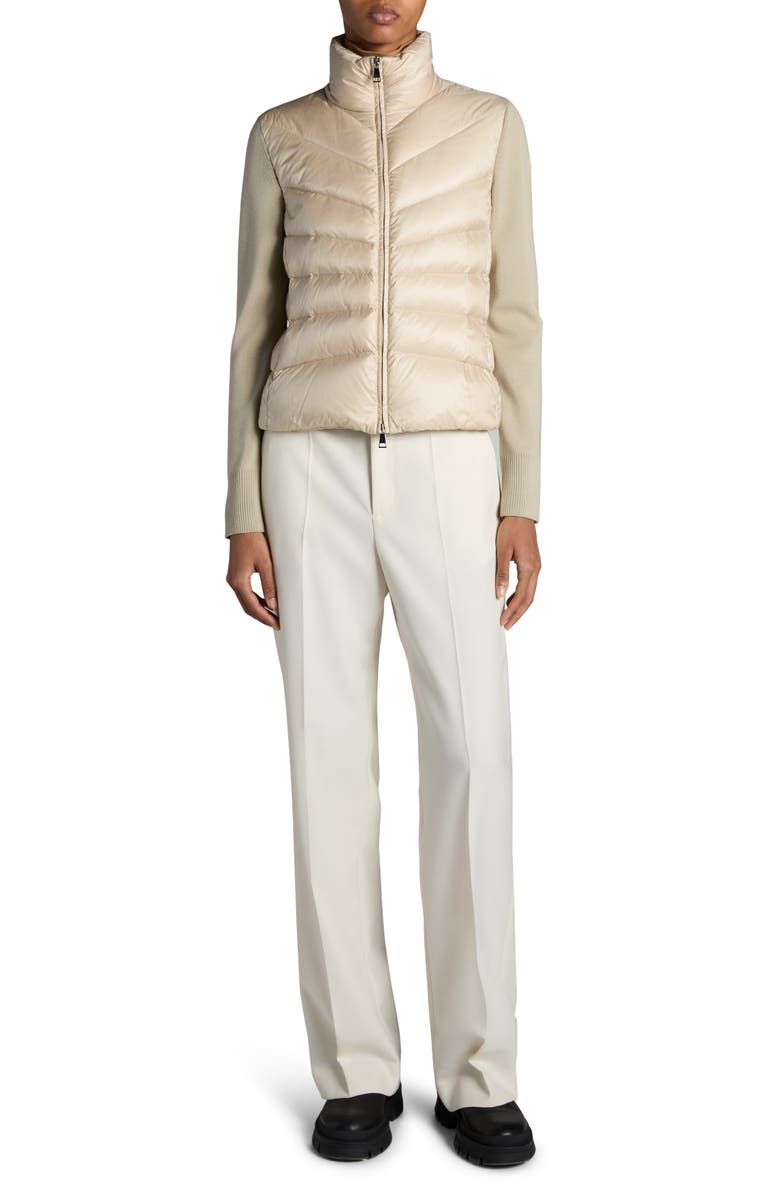 Moncler Quilted Down & Wool Knit Cardigan, Alternate, color, Beige