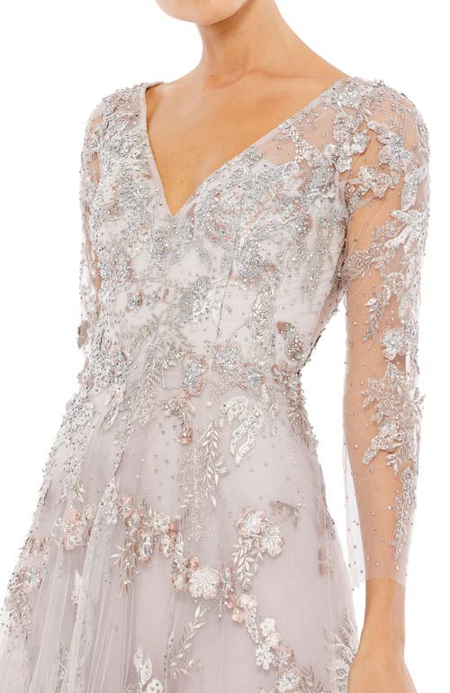 Mac Duggal Embroidered Lace Gown In Vintage Lilac
