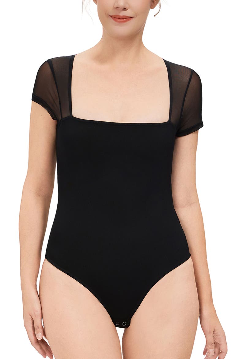 Square Neck Sheer Sleeve Bodysuit Top, Main, color, Black